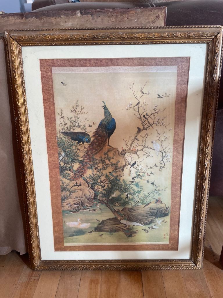 Antique quality frame with lovely peacock Chinese print 