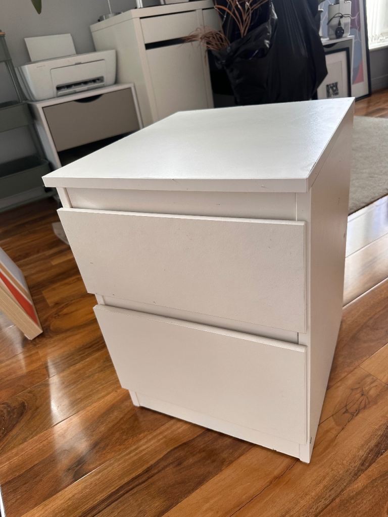 IKEA White Wooden Bedside Table with Two Drawers – Good Condition