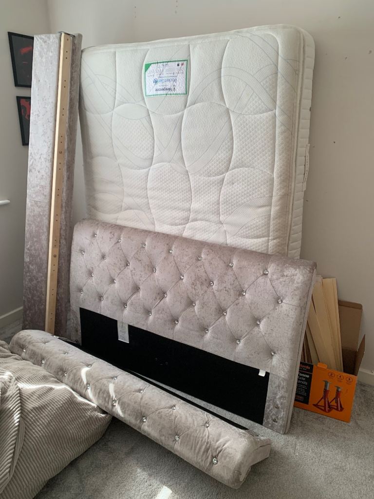 Silver crushed velvet and diamonds double bed and mattress