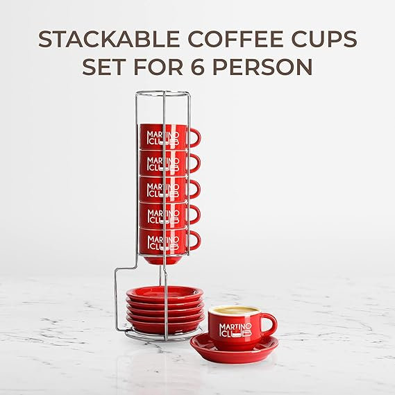 MARTINO CLUB Porcelain Coffee Cups with Saucers Set - Stackable Coffee Mugs with Rack - red 