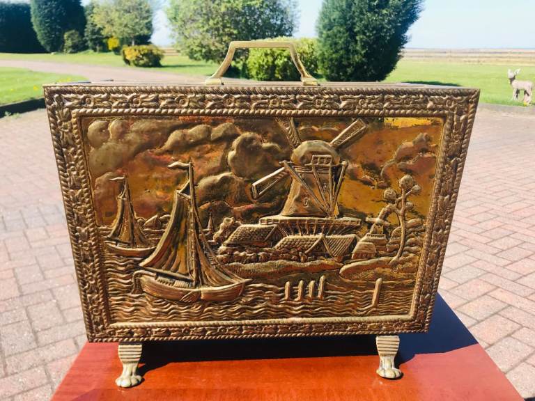 Vintage Brass Magazine Rack – Embossed Windmill & Sailing Scene