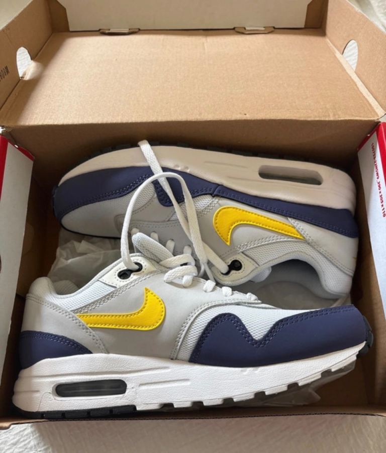 NEW Nike Air Max 1 GS Recall Trainers - UK 6 / EUR 39, Blue/Grey/Yellow