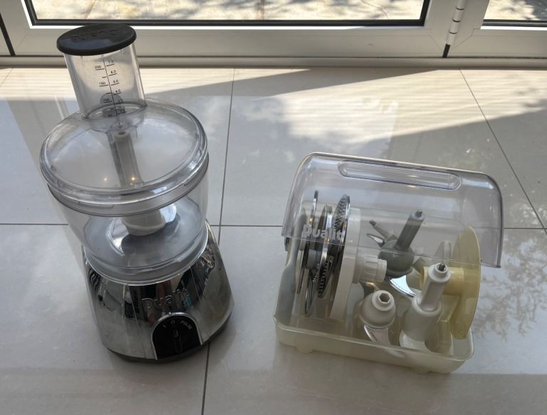 Dualit Food Processor, Polished Chrome, with multiple blades and case