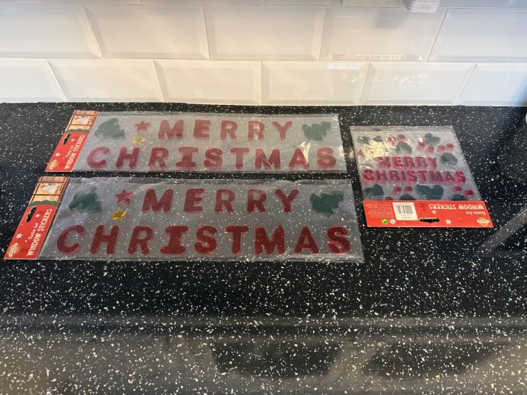 3 x New Festive Gel Merry Christmas Window Stickers. 2 x Large & 1 x small. Large approx 19" long. 