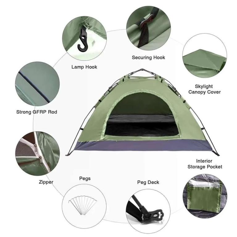 2-PERSON DOME CAMPING TENT – WATERPROOF LIGHTWEIGHT WINDPROOF GREEN HIKING & OUTDOOR TENT