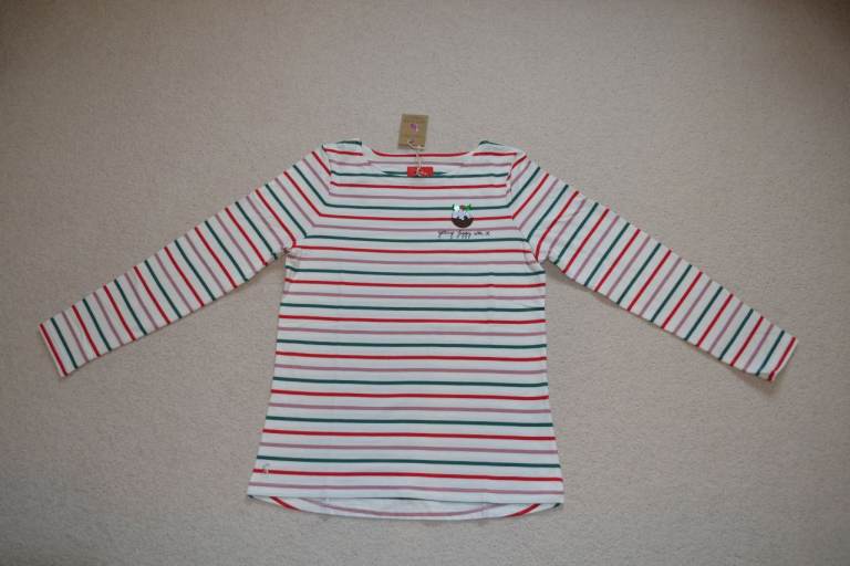 Joules Christmas Festive Harbour Striped Breton Top Jumper Xmas Pudding - Size 12