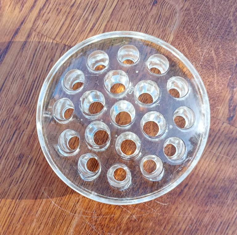 Vintage Clear Glass 19 Hole Round Frog For Flower Arranging Slightly Domed