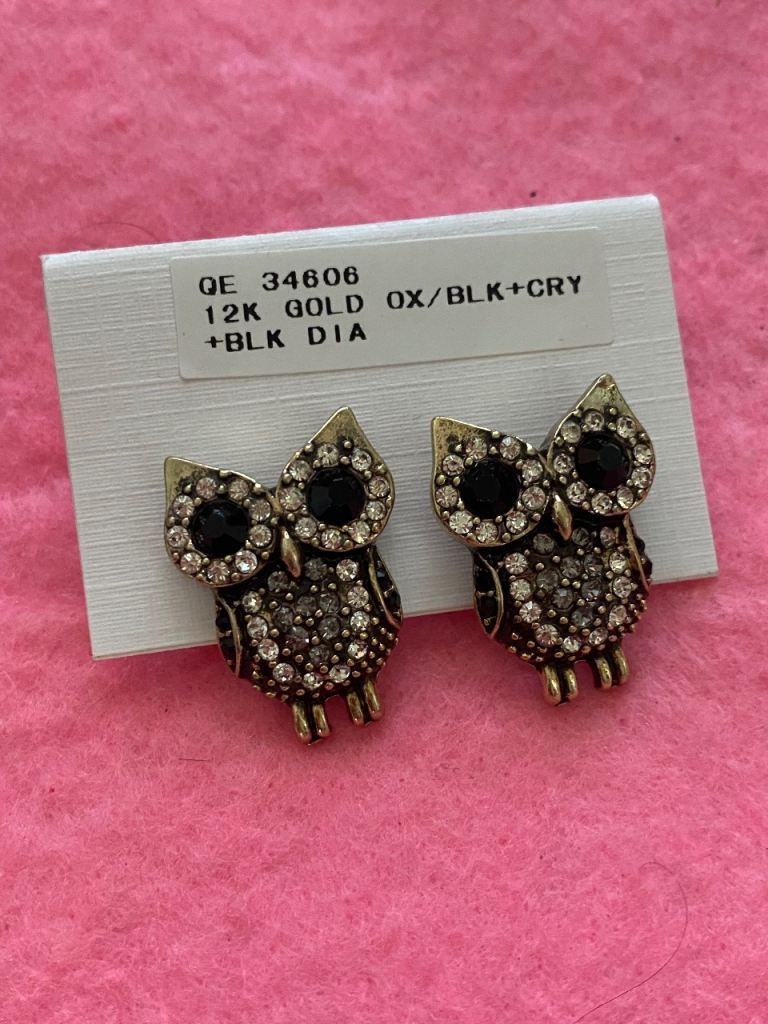 New Owl Earrings – 12K Gold Ox/Black+Cry+Blk Dia