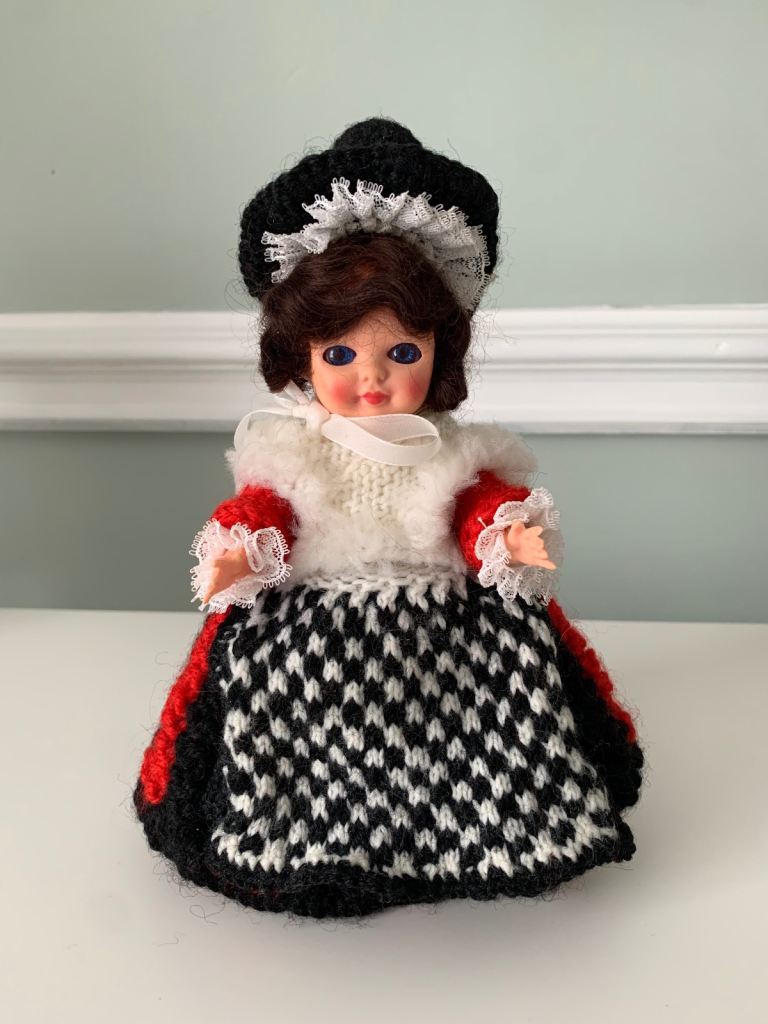 Vintage Welsh lady in traditional costume knitted doll 