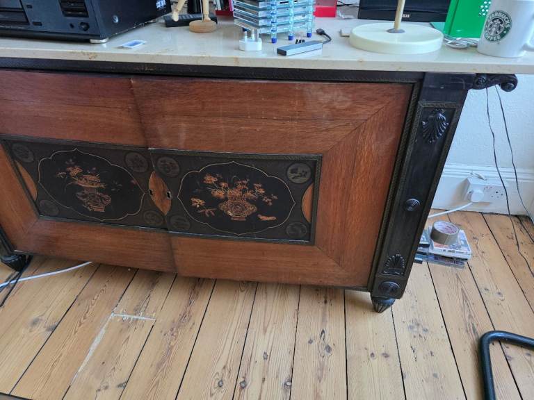 Sideboard with storage shelves - Chinoiserie panels. Big and worn but still quite beautiful