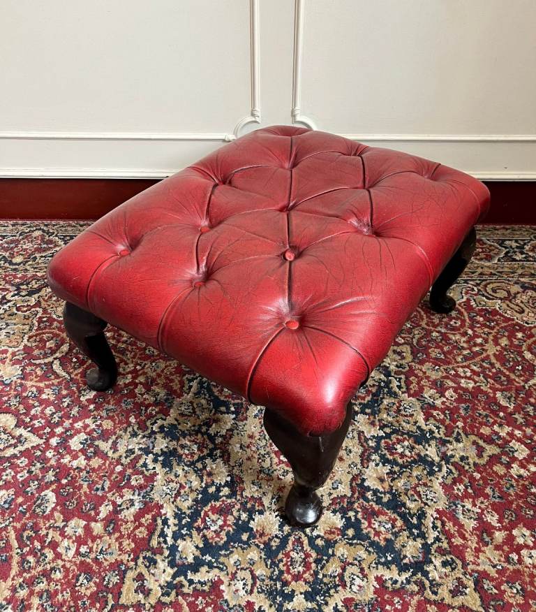 Antique Oxblood Red Leather Chesterfield Cabriole Wooden Leg Footstool