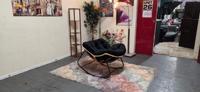 Indoor / Outdoor Rocking Egg Chair Black Velvet Fabric / Papasan Rocking Chair Excellent Condition