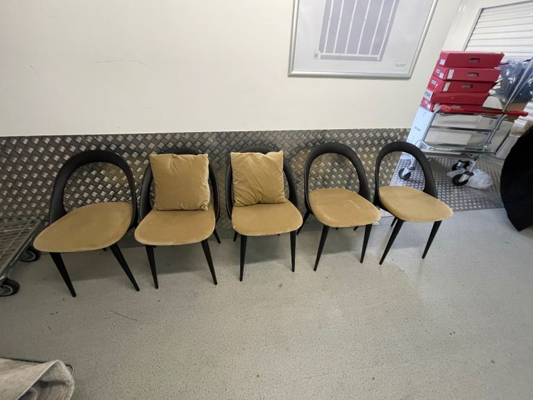 Porada Ester dining chairs in a dark wood finish with a light-colored velvet  X5