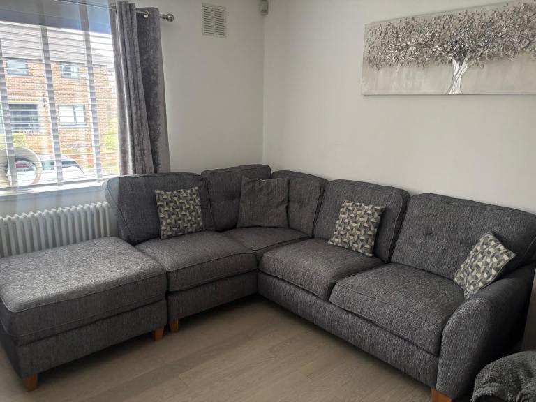 Grey Fabric Corner Sofa, Armchair, and Storage Footstool - Like New