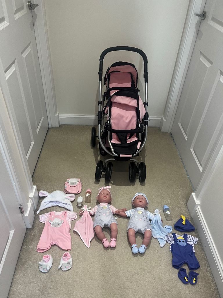 Silver cross double buggy for kids with twin dolls and accessories 