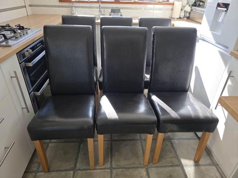 6 scroll back dark brown faux leather dining chairs