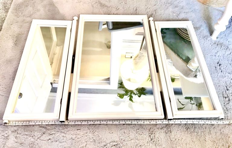 White triple adjustable dressing table mirror, stand alone, tilting action 