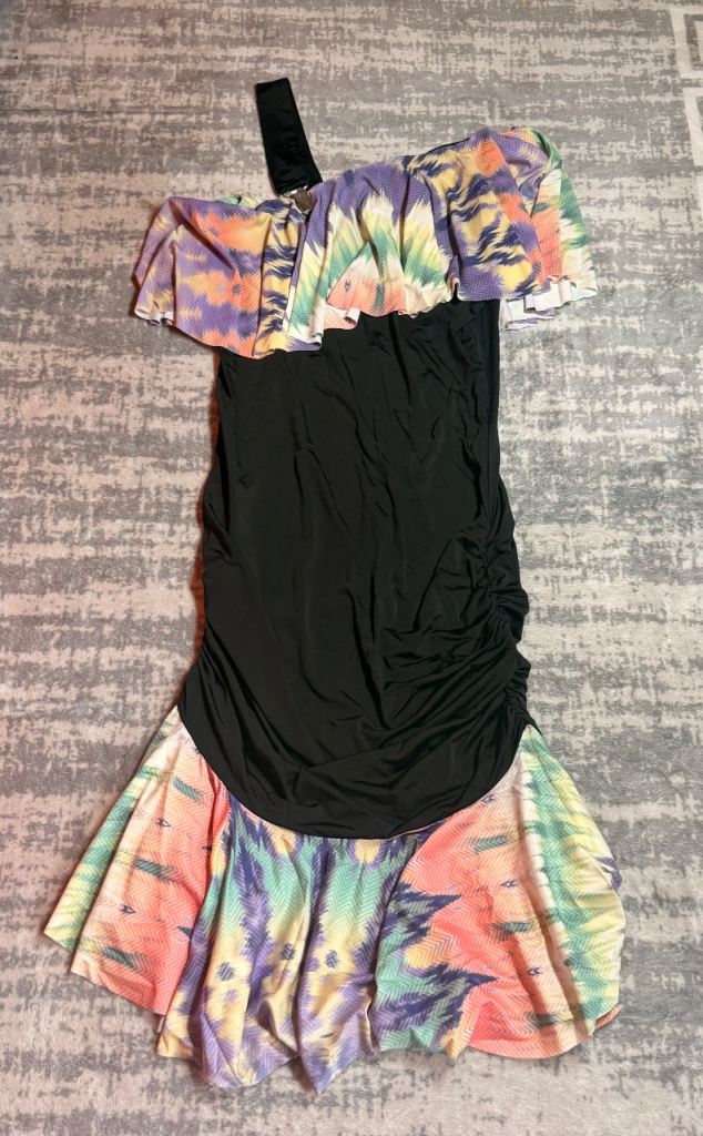 One Shoulder Ruffle Dress Black & Multicolor Size 12