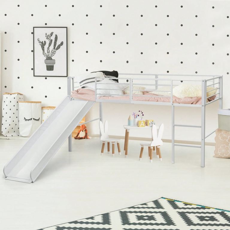Kids Single Loft Bed with Ladder and Slide - White Metal Frame