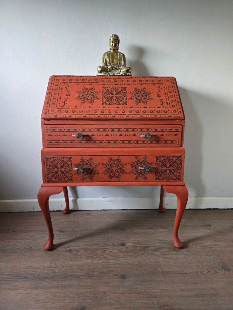 REFURBISHED Vintage Bureau Writing Desk Bohemian Moroccan Henna Stencil - 10m Local Delivery