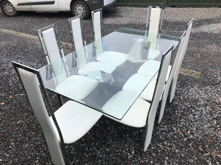 Cattelan Italia Valentinox glass topped dining table, 8 tall seats modern deco 