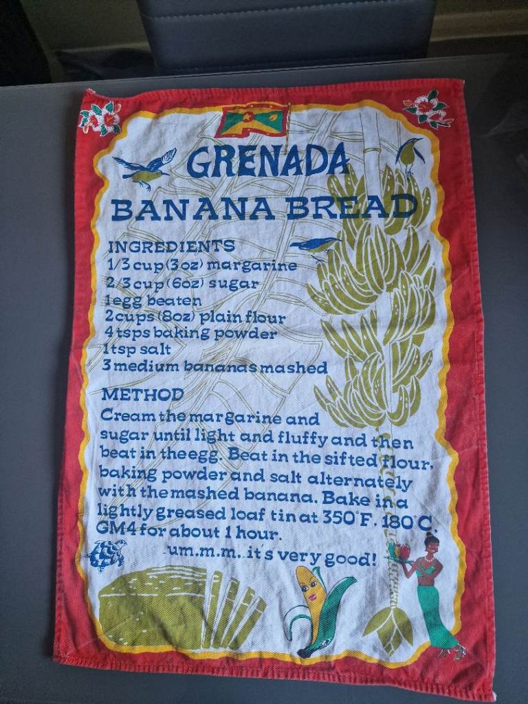 Vintage Grenada Banana Bread Recipe Tea Towel/Retro Caribbean Souvenir