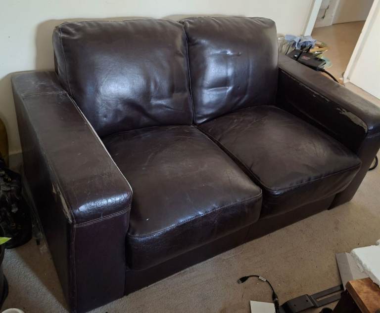 Brown Leather Two-Seater Sofa – Fair Condition