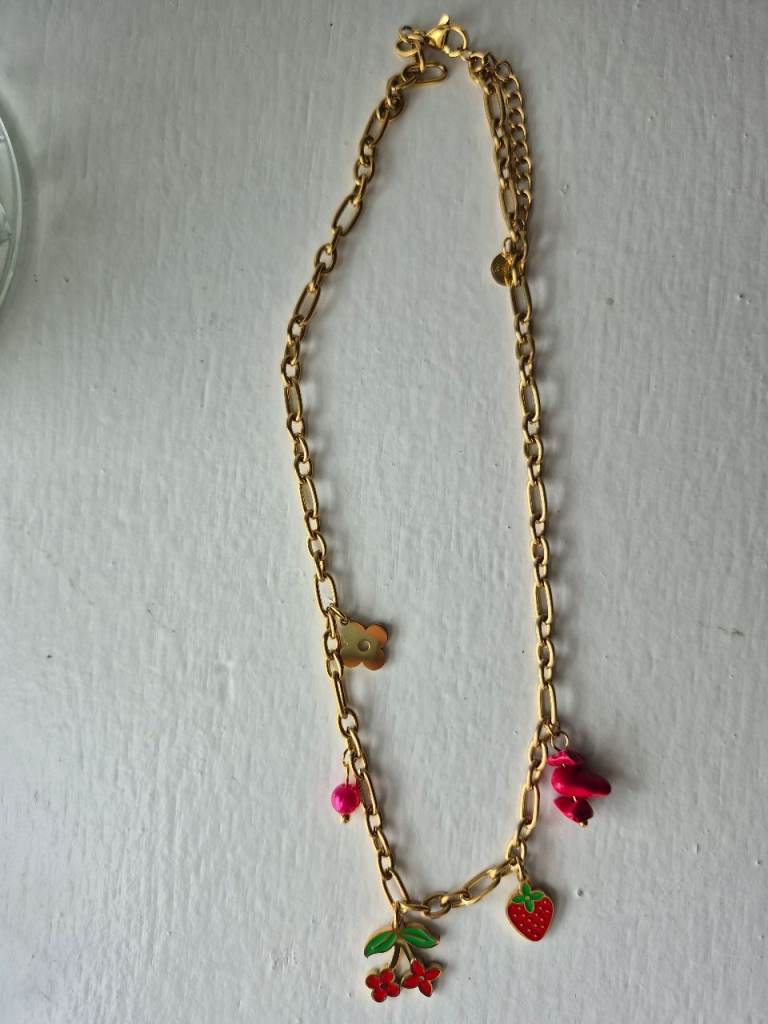 Gold-Coloured Charm Necklace - Cherries & Strawberry