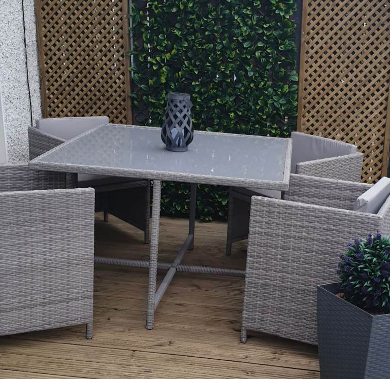 Grey Rattan Garden Dining Set with 4 Chairs and Glass Top Table