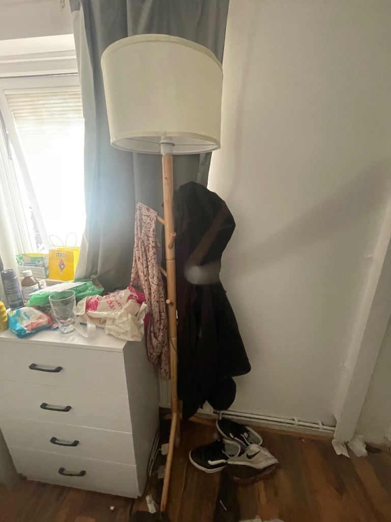 Wooden Floor Lamp/Coat Rack combo+ warm bulb