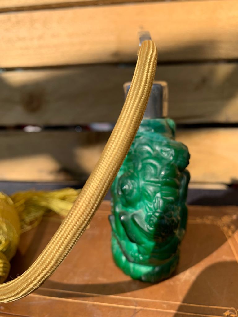 Rare Antique Art Deco Malachite Glass Putti Perfume Scent Bottle