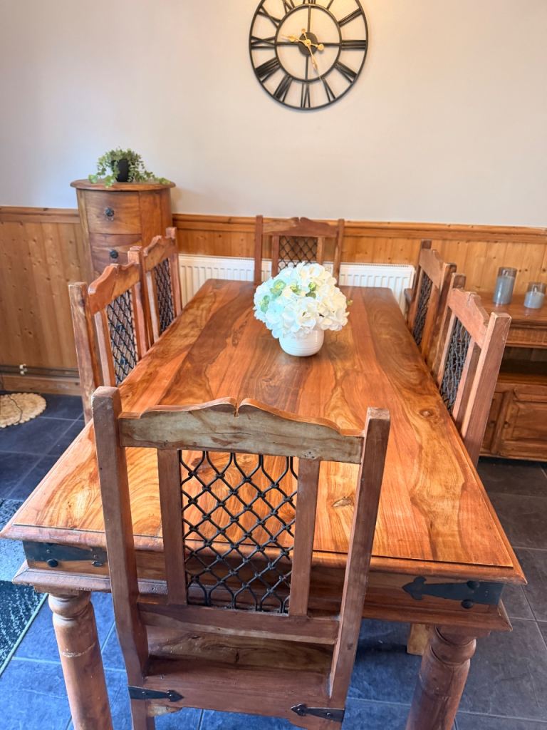 Solid Wood Dining Table and Six Chairs Set plus circular drawers and display unit