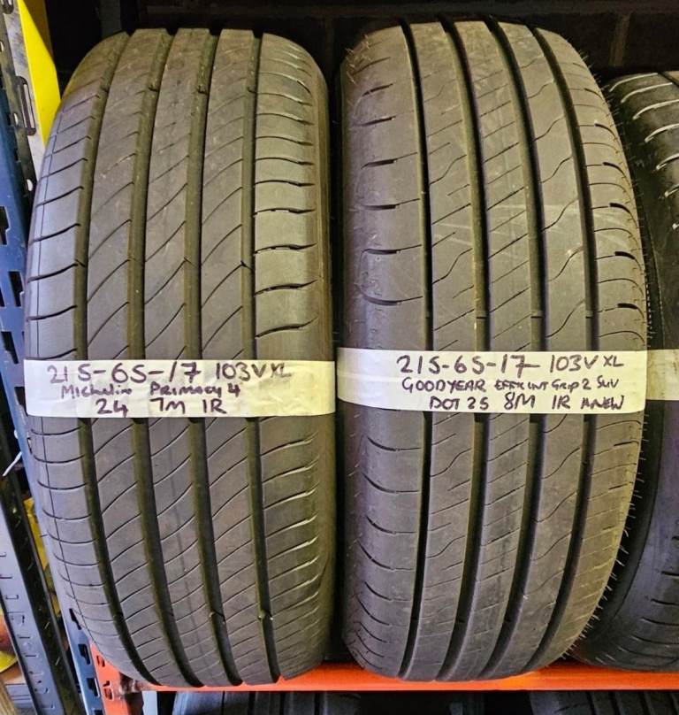 2 X 215 65 17 Michelin Primacy 4 & Goodyear Efficient Grip 8mm Tread free mobile tyre fitting 