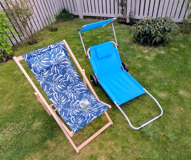 2 x Sun Loungers: Wheeled Blue Aluminum + Traditional Deck Chair