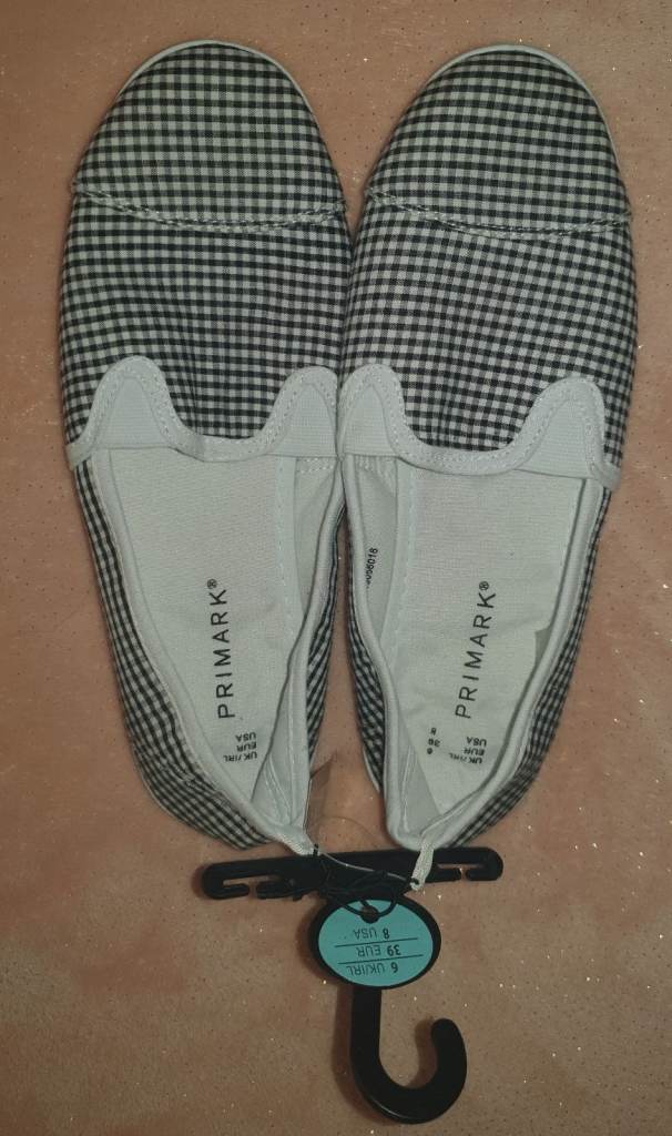 PRIMARK Womens Black White Gingham Check Flat Plimsoles Shoes Loafers 6 39 NEW