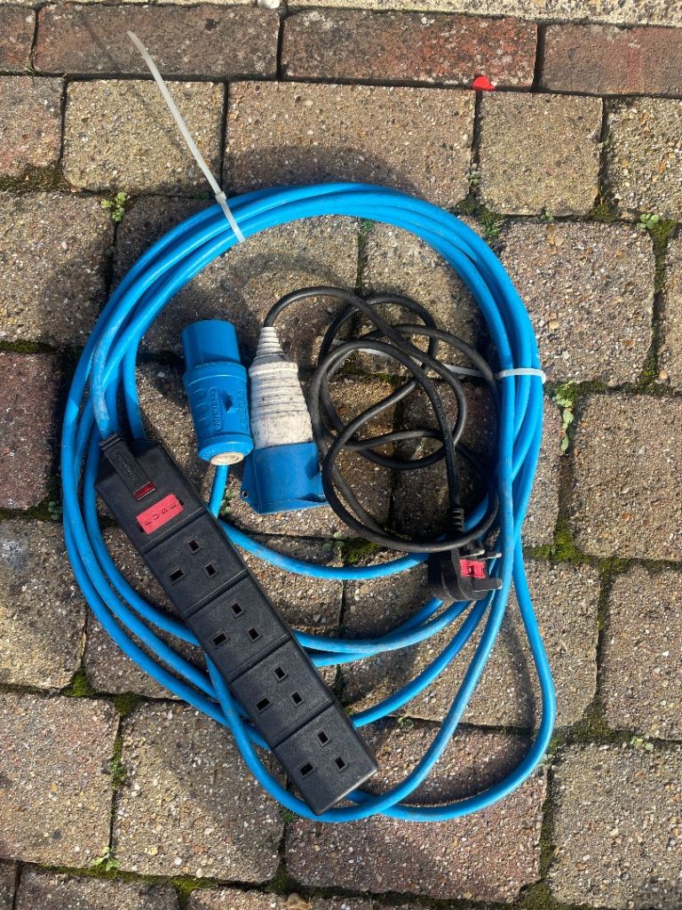 Long Blue Extension Lead with 4-Gang Socket and Caravan Hook-up