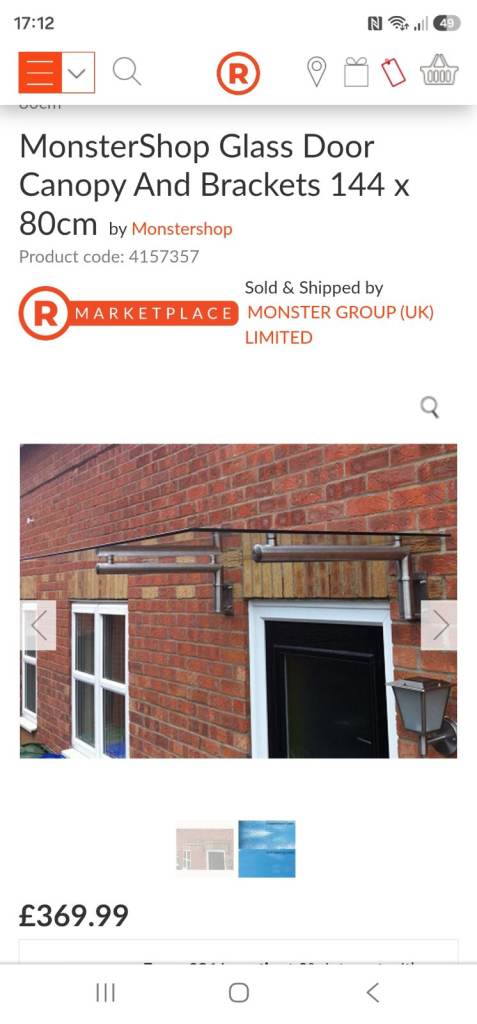 MonsterShop Glass Door Canopy only NO brackets 144 x 80cm – New