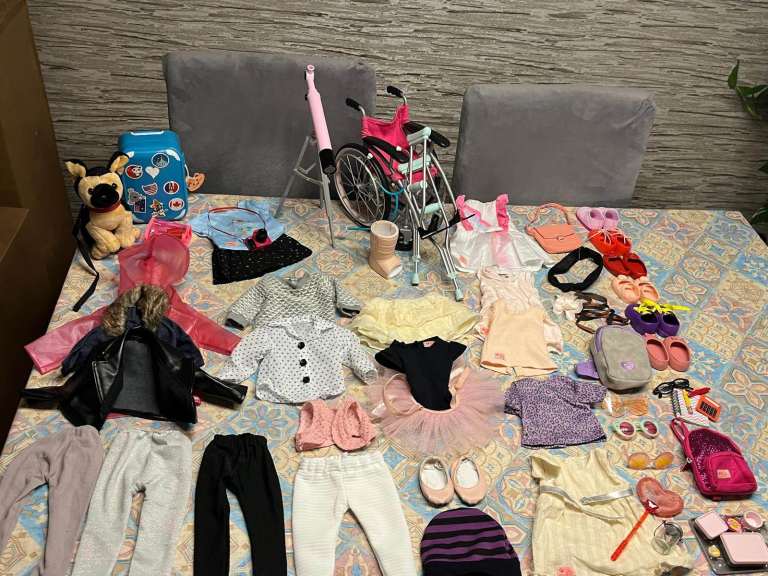 Our Generation 5 dolls, puppy, wheelchair, crutches and clothing/accessories bundle