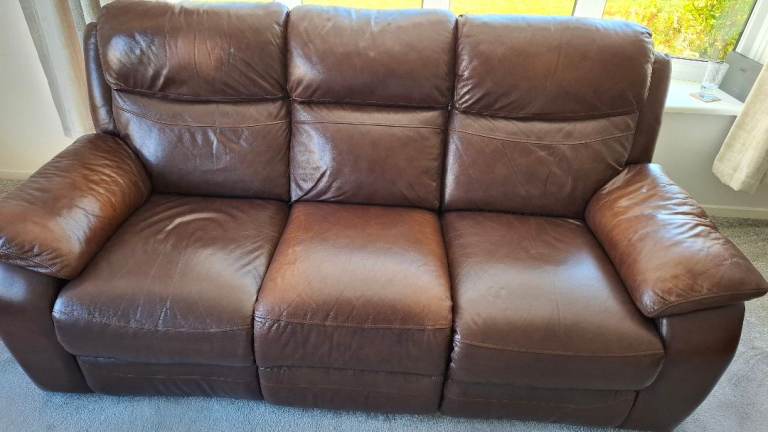 Brown Leather 3 and  2 Seater Recliner Sofa and footstool – Good Condition