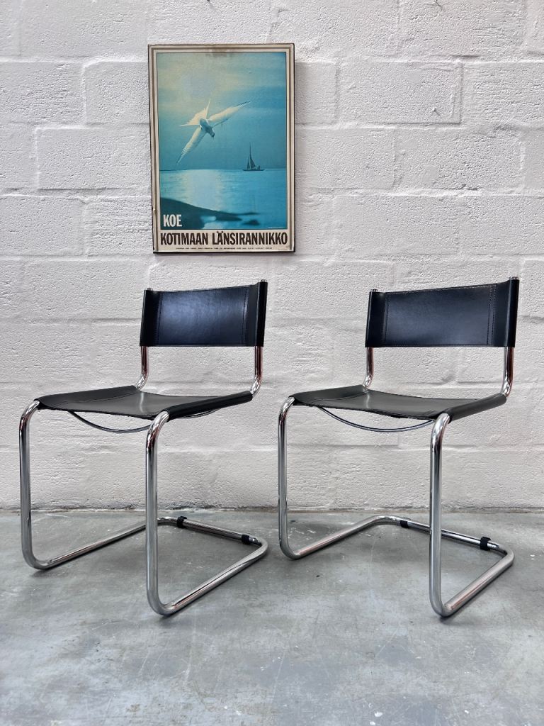 Pair of Vintage Leather Cantilever Side Chairs Inspired by Mart Stam