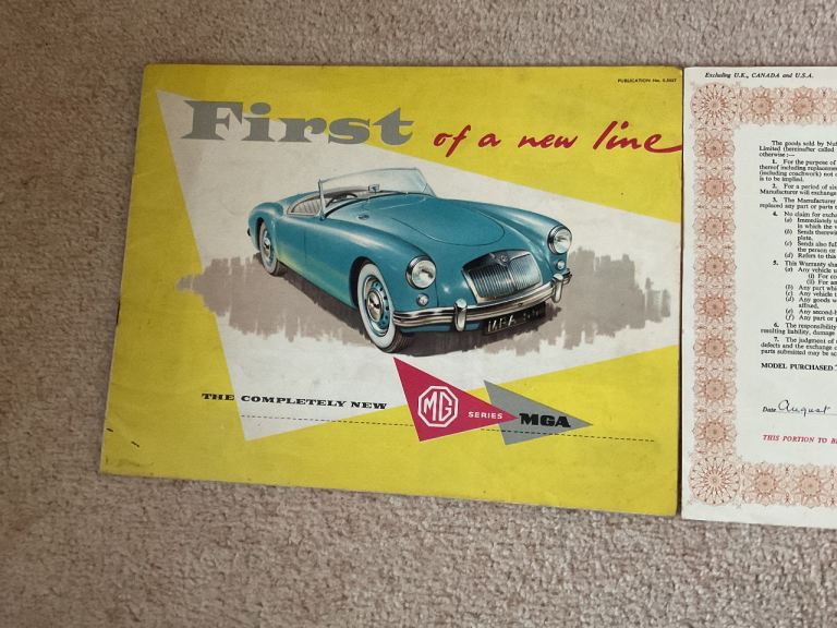 Original 1956 MGA car catolgue with original warranty card 