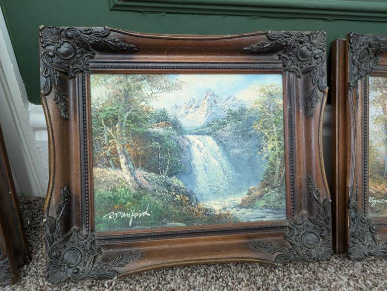 Vintage Framed Waterfall Oil Painting – Good Condition