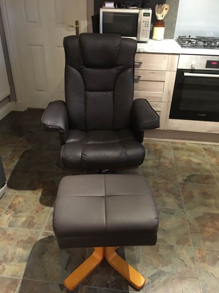 Faux Brown Leather Recling Chair with Storage Footstool
