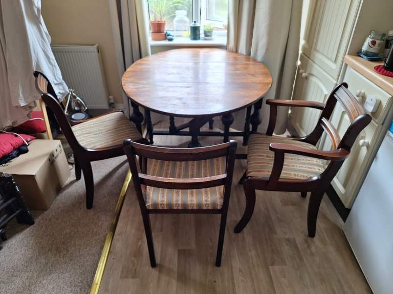 Vintage Oak Gateleg Dining Table with 4 Chairs, Folds Flat to Save Space