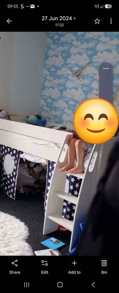 Kids Single White Mid Sleeper Bed with Den Tent