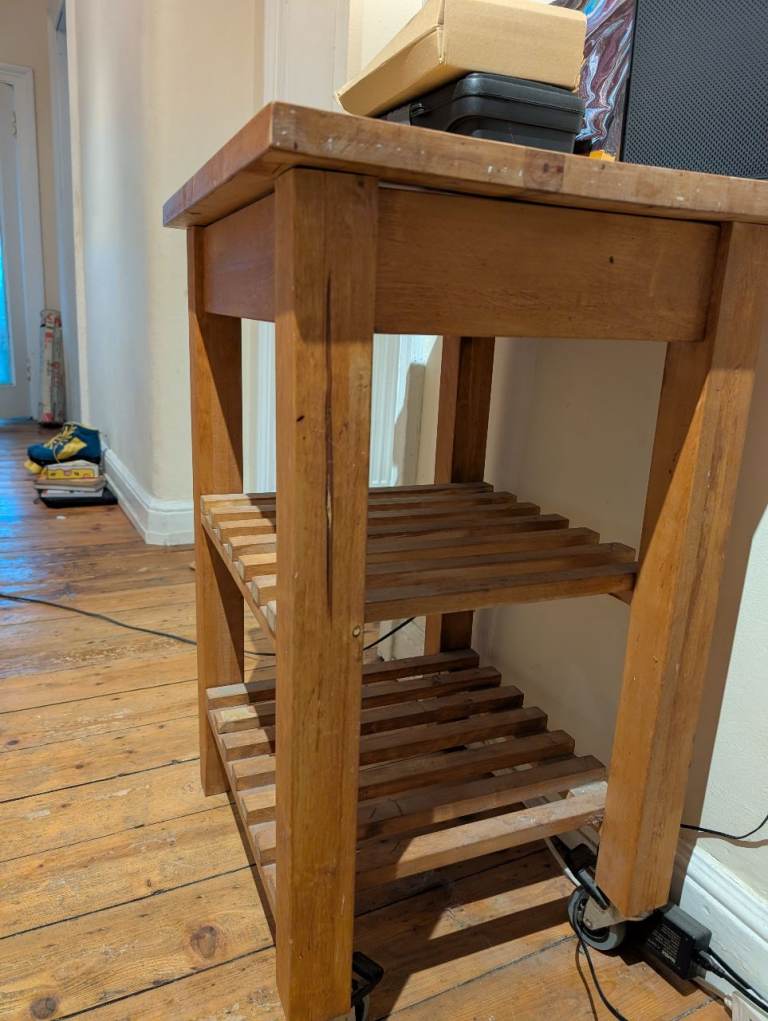 Wood worktop with lower shelves. 