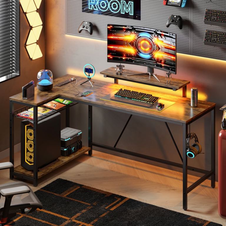 L-shaped Computer Desk with Power Outlet and Monitor Stand and Shelves - BRAND NEW (BOXED)