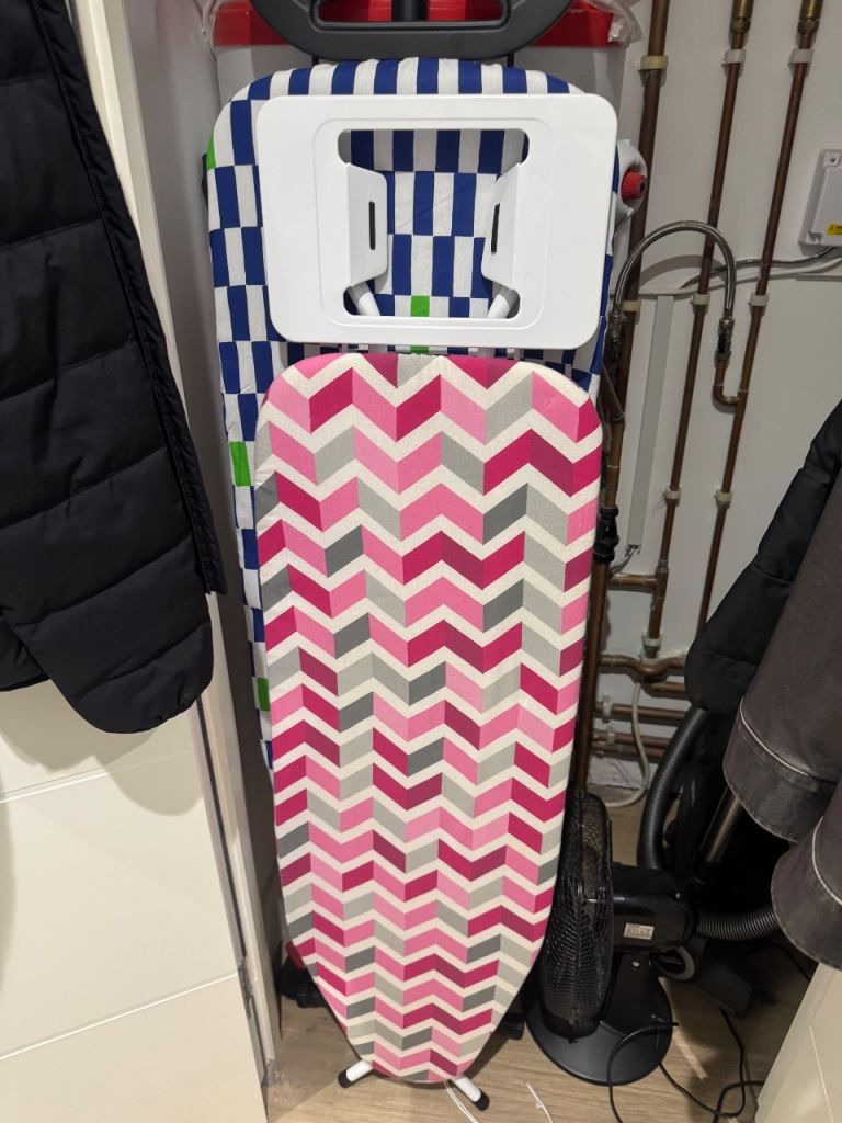 Ironing Board with Pink and Grey Chevron Cover – Good Condition