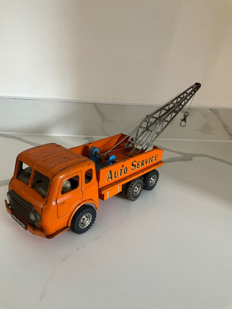 french Vintage Orange wind up tin Toy Crane Truck - Auto Service
