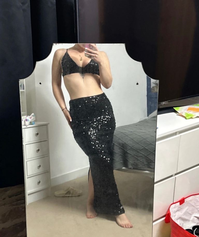 Black Sequin Crop Top & Maxi Skirt Set – As Good As New